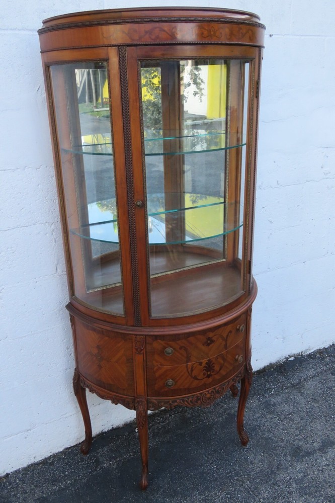 French Early 1900s Carved Inlaid Vitrine Display Curio Cabinet Cupboard 5667