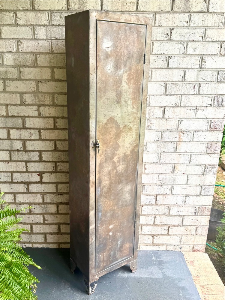 Vtg Metal Distressed Patina Finish Art Deco Cabinet ~ Rustic Metal Cabinet Lock