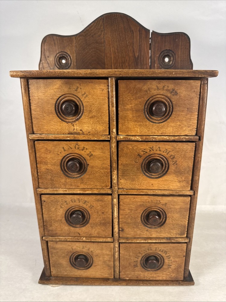 Antique Vintage Wooden Wall 8 Drawer Spice Cabinet Cupboard Apothecary Chest