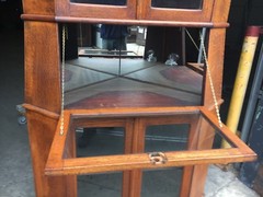 STUNNING antique Quartersawn oak corner cabinet glass doors mirrored shelf 99″ h