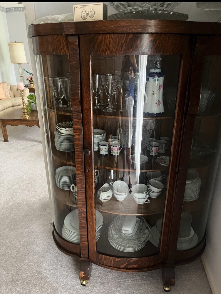 ANTIQUE Larkin Co Oak China Cabinet Curved Glass Backsplash w/Beveled Mirror