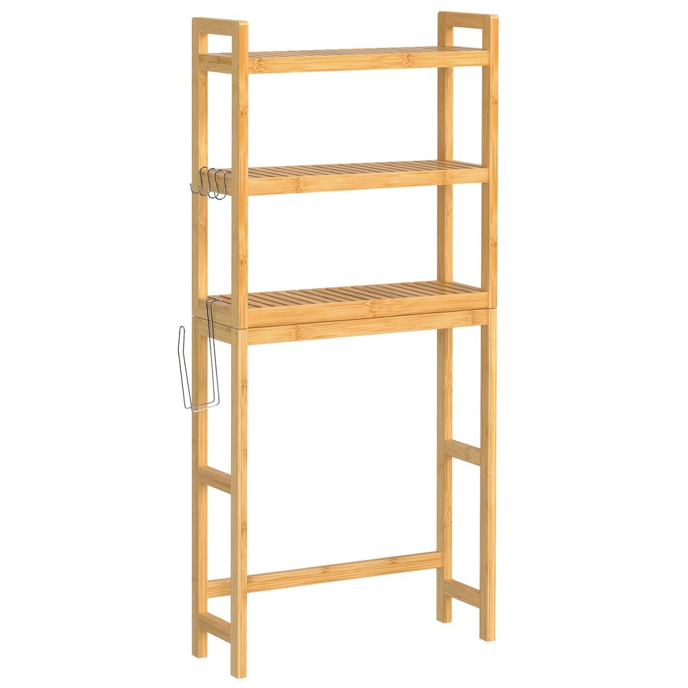 Natural Beige Three-Tier Bamboo Over-Toilet Shelf With Adjustable