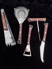 Vintage Bar Tool Set Ice Tongs Strainer Botle Opener Cork Screw Cheese Knife MCM