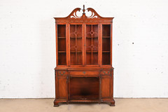Bernhardt Georgian Carved Mahogany Breakfront Bookcase Cabinet