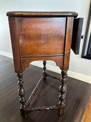 Antique 20s Jacobean Revival Gothic Copper Lined Wood Humidor Cabinet Side Table