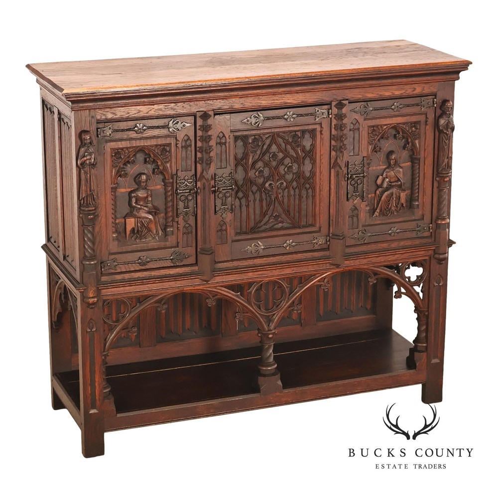 Antique Neo-Gothic Carved Oak Sideboard Server With Figural Panels