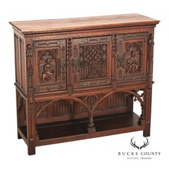 Antique Neo-Gothic Carved Oak Sideboard Server With Figural Panels