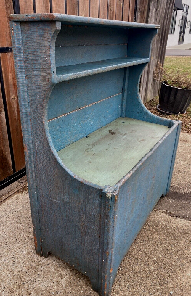 Antique 19th Cent Primitive Pine Blue Painted Cupboard Grain Box Sink we Deliver