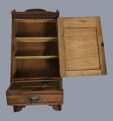 Antique Medicine Apothecary Cabinet Carved Wood Beveled Glass Hobnails Wall Hang