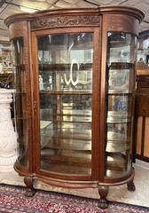 Exceptional American Antique Carved Golden Oak China Curio Cabinet Bookcase 1900