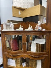 Antique Oak Display Corner Cabinet W/ Beveled Mirror, Serpentine Wave Glass