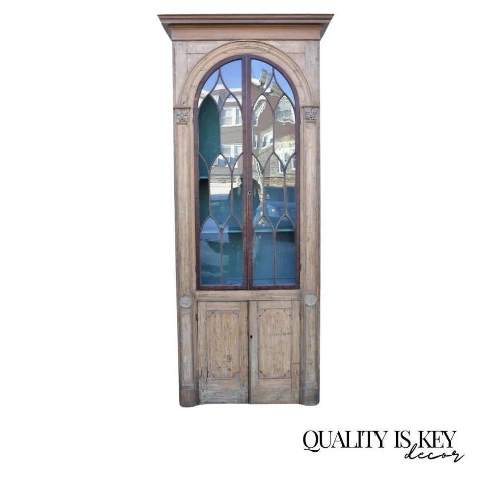 Antique Italian Renaissance 109″ Tall Carved Wood Gothic Cupboard Hutch Cabinet