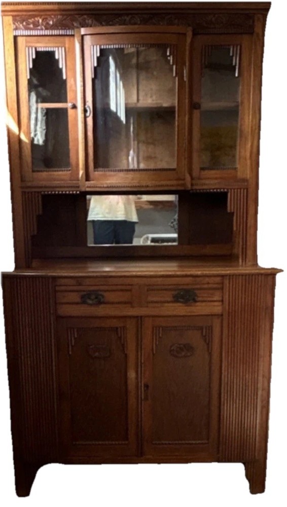 Antique Wood China Cabinet Glass Doors Mirror 4 Doors 2 Drawers 3 Shelves Brown