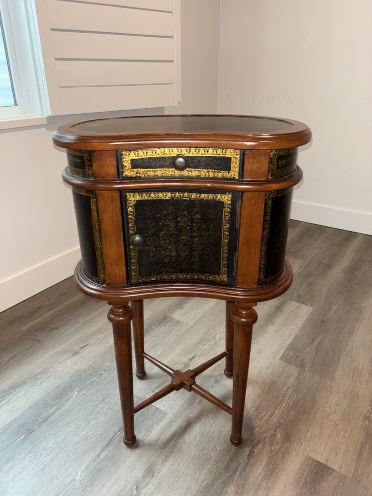 Authentic Italian Style Raised Faux Leather Walnut Oval Cabinet / Side Table