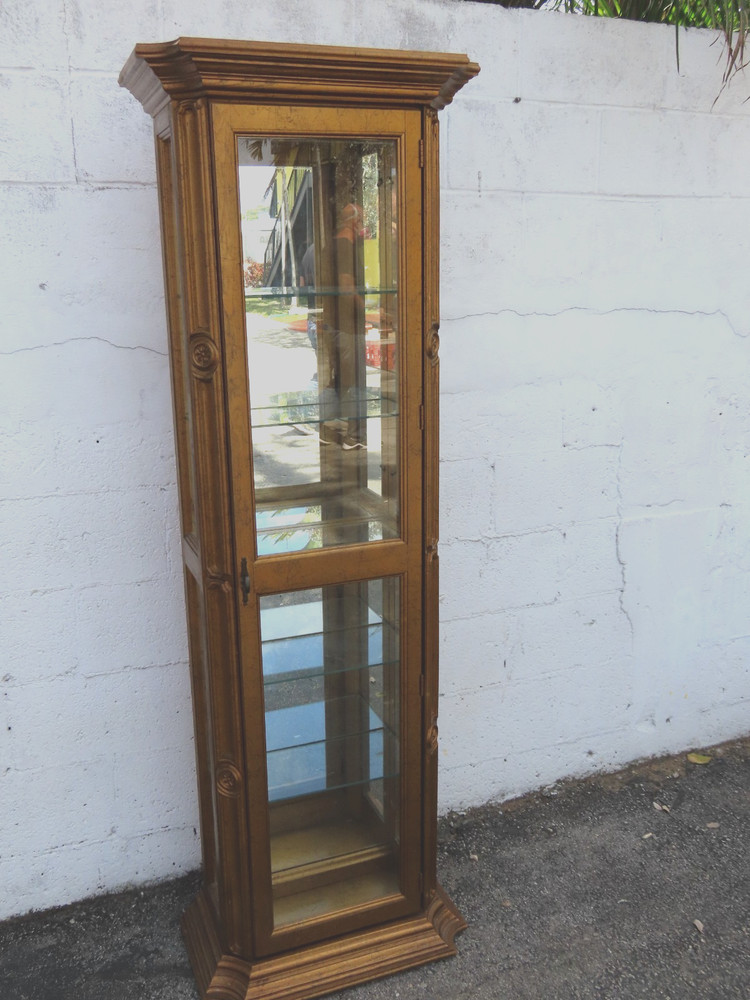 Hollywood Regency Tall Narrow Distressed Gold Display Shelf Cabinet 6245