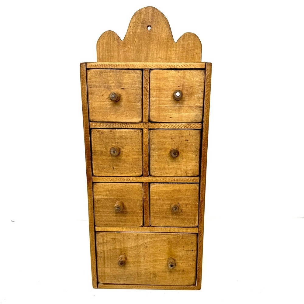 Antique Wooden Wall Apothecary Spice Chest Cabinet 7 Drawers Primitive Farmhouse