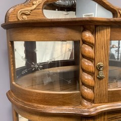 Oak China Cabinet w Additional Top Storage Glass Front Rope Turned Trim Mirrored