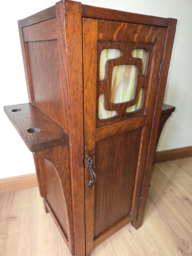 Vtg. Arts & Crafts Mission Oak Smoking Cabinet, Nightstand, Antique Lamp stand