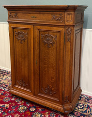 Antique French Double Door Cabinet Cupboard Carved Honey Oak Drawer early 20th