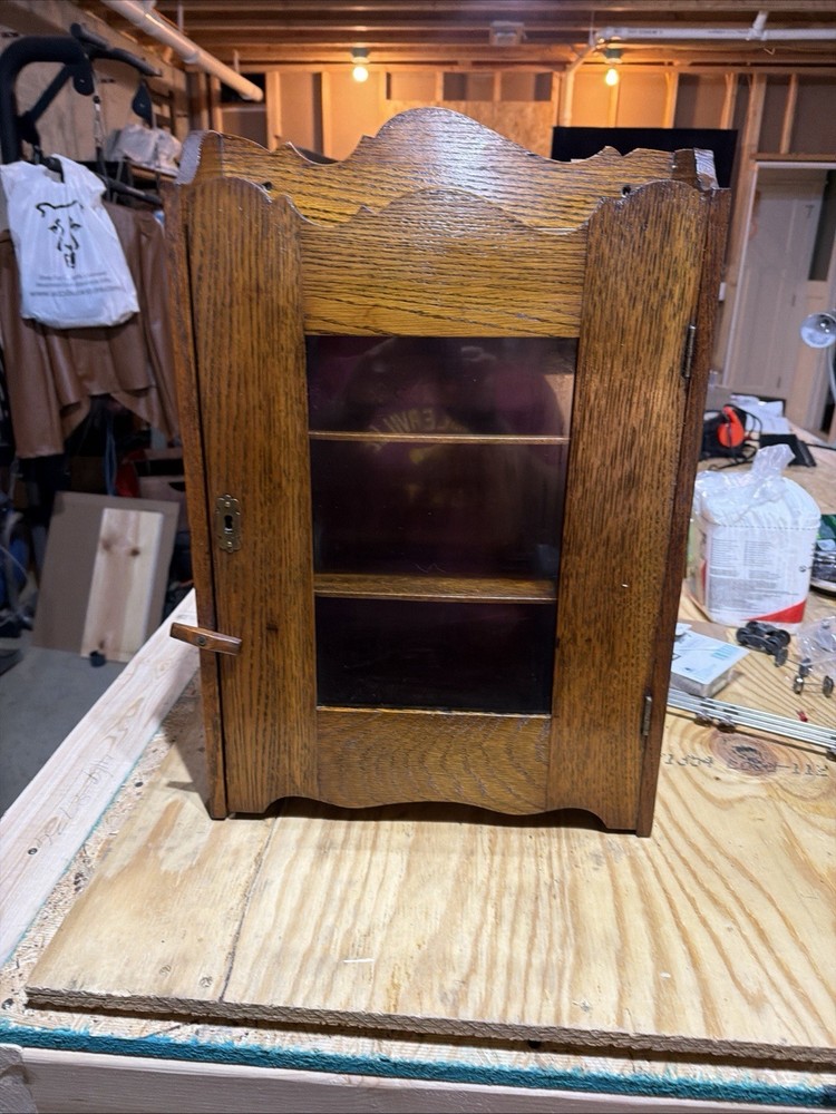 Antique Oak Wall Hanging Cabinet Cupboard w/ Key Lock 3 Shelf Primitive