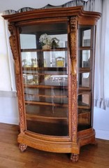 Antique American Empire Tiger Oak Curved Glass Cabinet, Carved Lion Heads $500