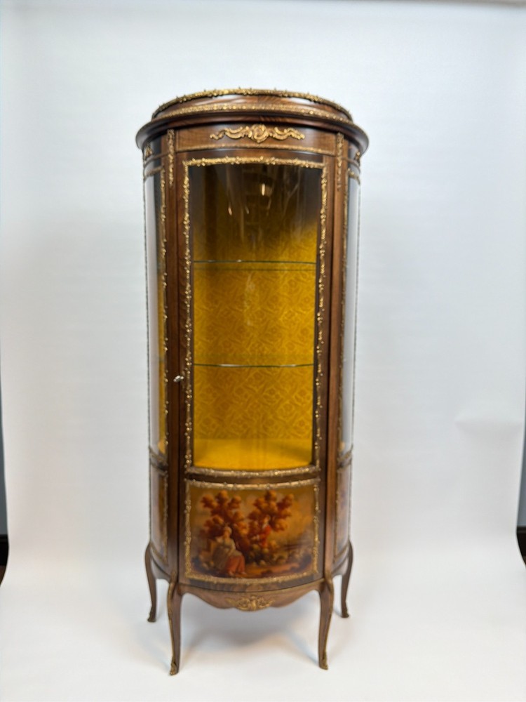 Antique French Louis XV Style Vitrine, Curved Glass Display Cabinet Hand Painted