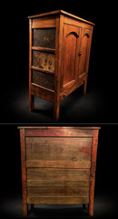 Antique Handmade Wood Tin Cabinet Raised Panel Doors Carvings 2 Shelves 2 Doors