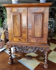 Antique 17th or 18th cent Dutch or Lowlands Burlwood Cabinet on Carved Stand