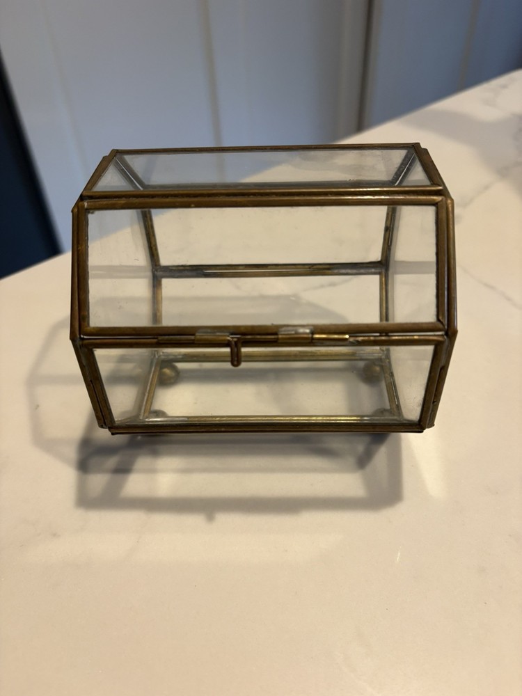 Vintage Octagonal Brass and Glass Display Box Hinged Lid w/ Ball Feet