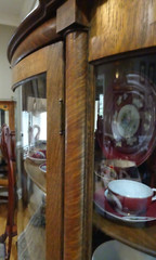Antique Tiger Oak Curved Glass 2 Pilliar Curio China Cabinet 5 Shelves