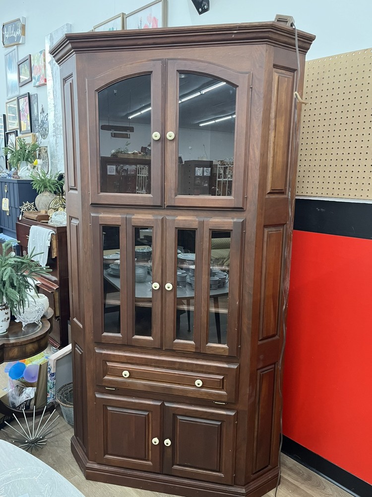 Vintage Lighted Solid Wood Corner China Cabinet