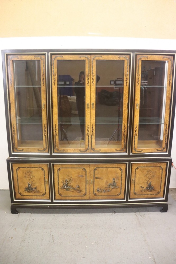 Vintage Chinoiserie Two-Piece Breakfront China Cabinet