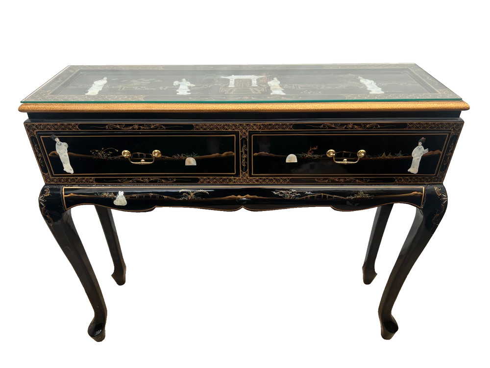 Vintage Sofa Table Console Chinoiserie Mother of Pearl applique Asian style