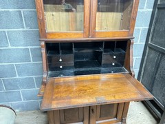 Antique Victorian Burl Walnut Bookcase Cabinet Cupboard Desk With Keys 2pc