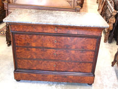 French Antique Tiger Mahogany Louis Philippe Marble Top Chest / Sideboard