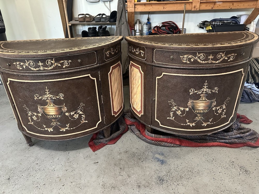 2 Maitland Smith Neoclassical Demilune Chiffonier Cabinet Commode Console Tables