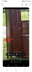 Antique Wood Cabinet with Carved Glass Doors, Drawers, 75.5″ x 66″ x 17.5″