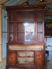 Antique Brown Wood Glass Fronted China Cabinet with Glass Doors and Storage