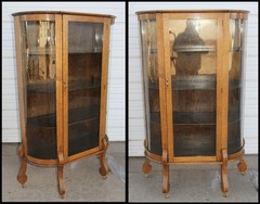 Antique Golden Tiger Oak Curved Glass Curio China Cabinet Empire Scroll Feet OLD