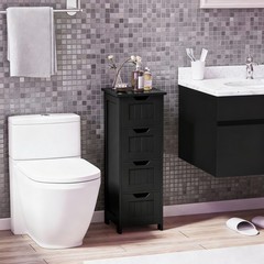 Bathroom Floor Cabinet Wood Free Standing Storage Organizer w/ 4 Drawers Black