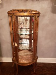 Antique Hand Painted Roses Wooden Curved Glass Curio Cabinet w/ Ormolu Trim