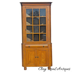 Antique small corner cupboard cabinet grained paint primitive berks 12 light 19t
