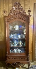 Antique Carved Wood Display Cabinet Glass Door Key Floral Bird Carvings