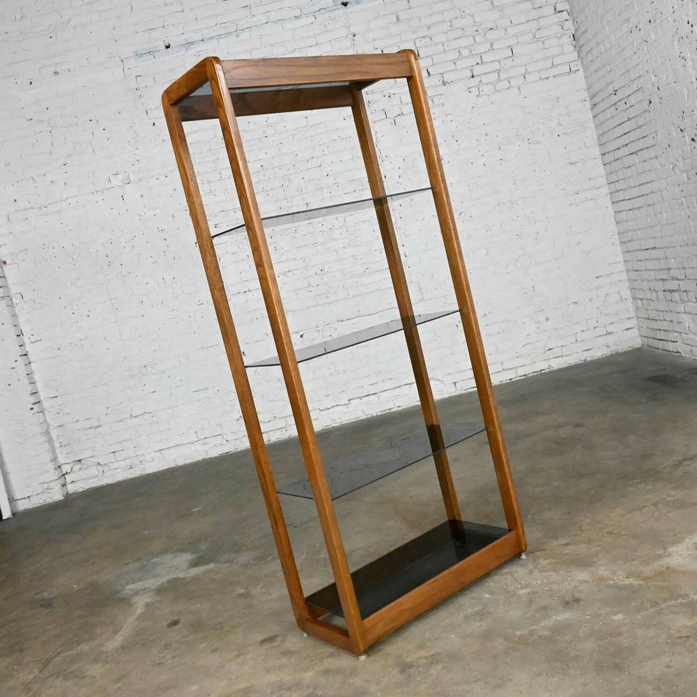 Vintage MCM Oak Frame & Smoked Glass Etagere Display Shelf Bookcase