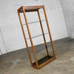 Vintage MCM Oak Frame & Smoked Glass Etagere Display Shelf Bookcase