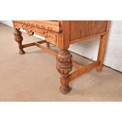 Antique English Jacobean Carved Oak and Burl Wood Bar Cabinet, Circa 1920s