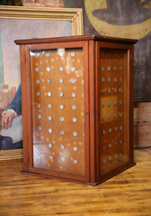 Antique Display Case Apothecary Cabinet Tiger Oak Locker Tags Keys Vintage Wood