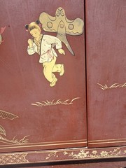Vintage Chinese Asian Burgundy Lacquer Floral Chinoiserie Cabinet ~ Side Table