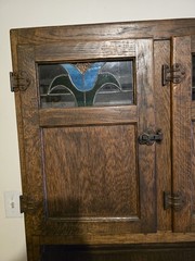 Wood Hoosier Cabinet Stained Finish Stained Glass Doors 4D/3Drw White Top