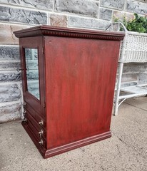 Antique Red Painted Oak 3 Drawer Country Hardware Store Display Cabinet, Mirror